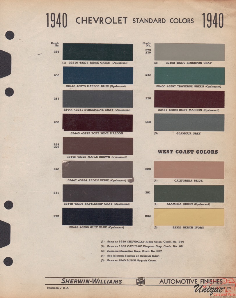 1940 Chev Paint Charts Williams 1